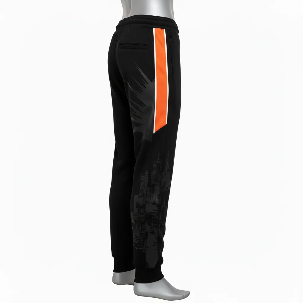Custom Lacrosse Sweatpant - Black, Orange, White - Long Island Strong - Side View - Kinexa Sportswear