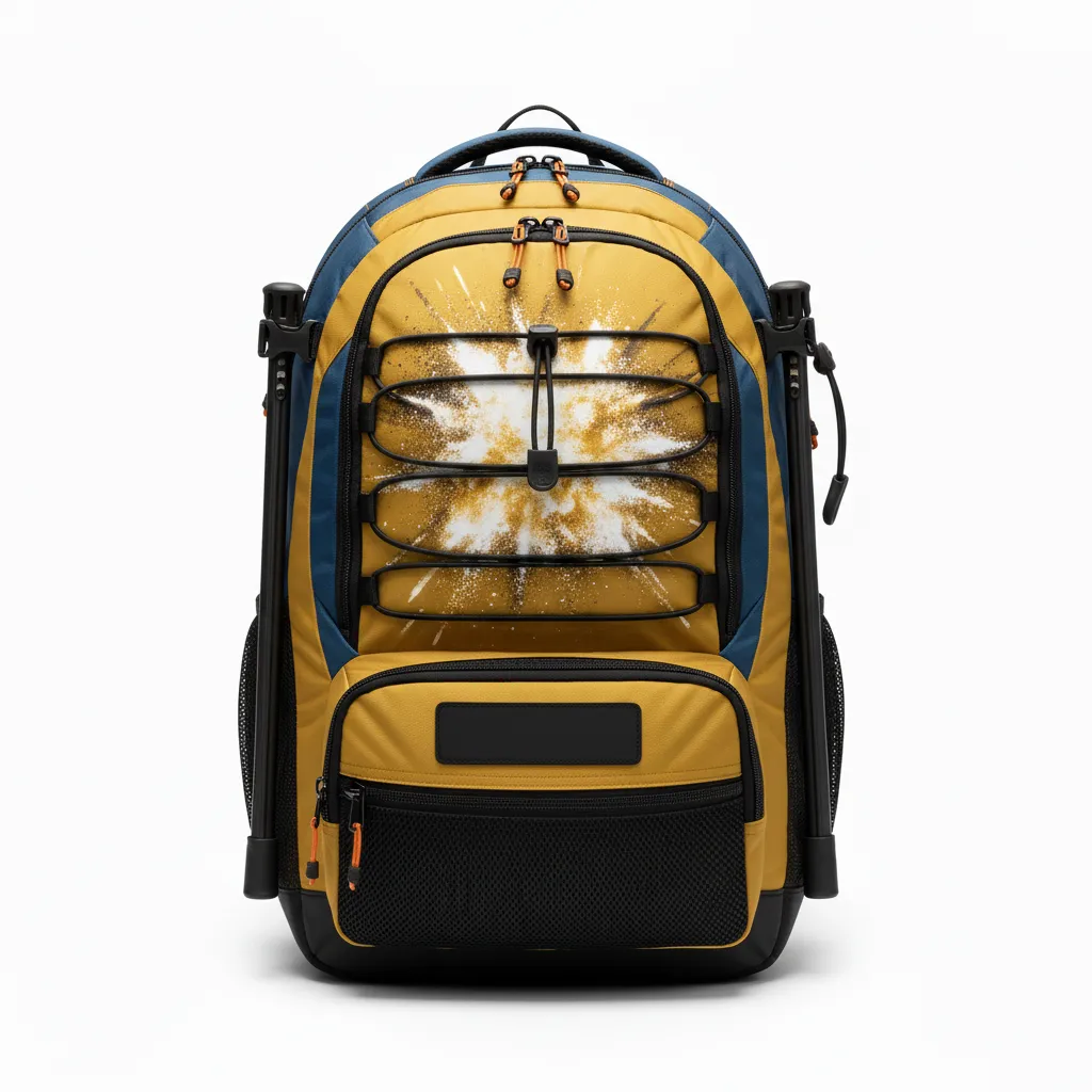 Custom Lacrosse Team Backpack - Gold, Black - Athletic Goal Dust Explosion - Front View - Kinexa Sportswear