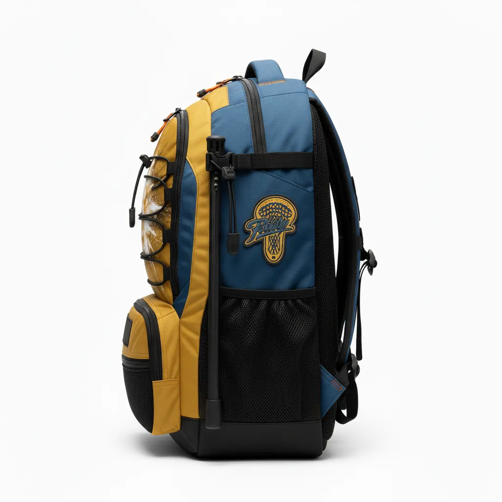 Custom Lacrosse Team Backpack - Gold, Black - Athletic Goal Dust Explosion - Side View - Kinexa Sportswear