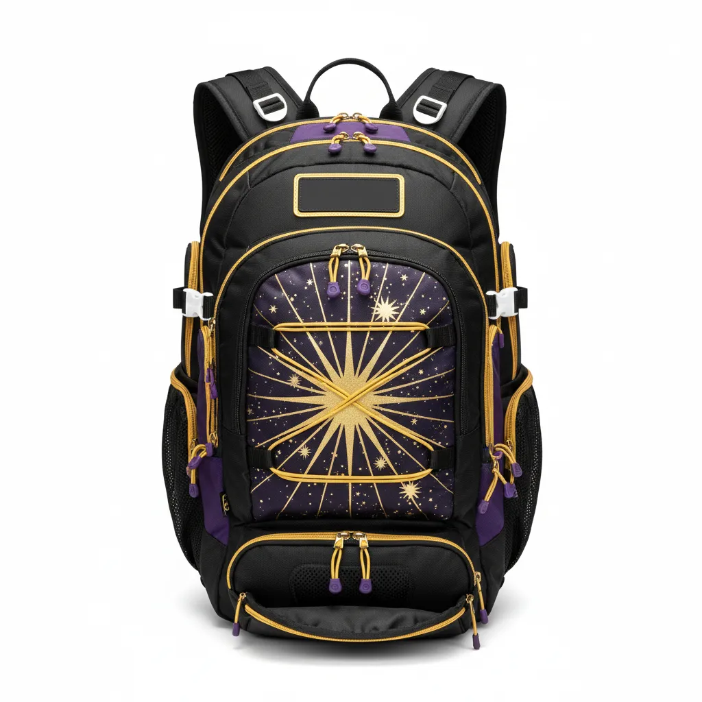 Custom Lacrosse Team Backpack - Black, Gold, Purple - Creator S Game Celestial - Front View - Kinexa Sportswear