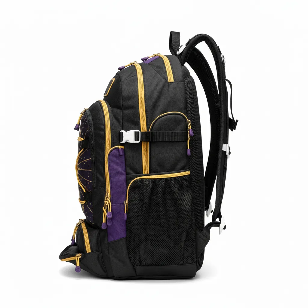 Custom Lacrosse Team Backpack - Black, Gold, Purple - Creator S Game Celestial - Side View - Kinexa Sportswear