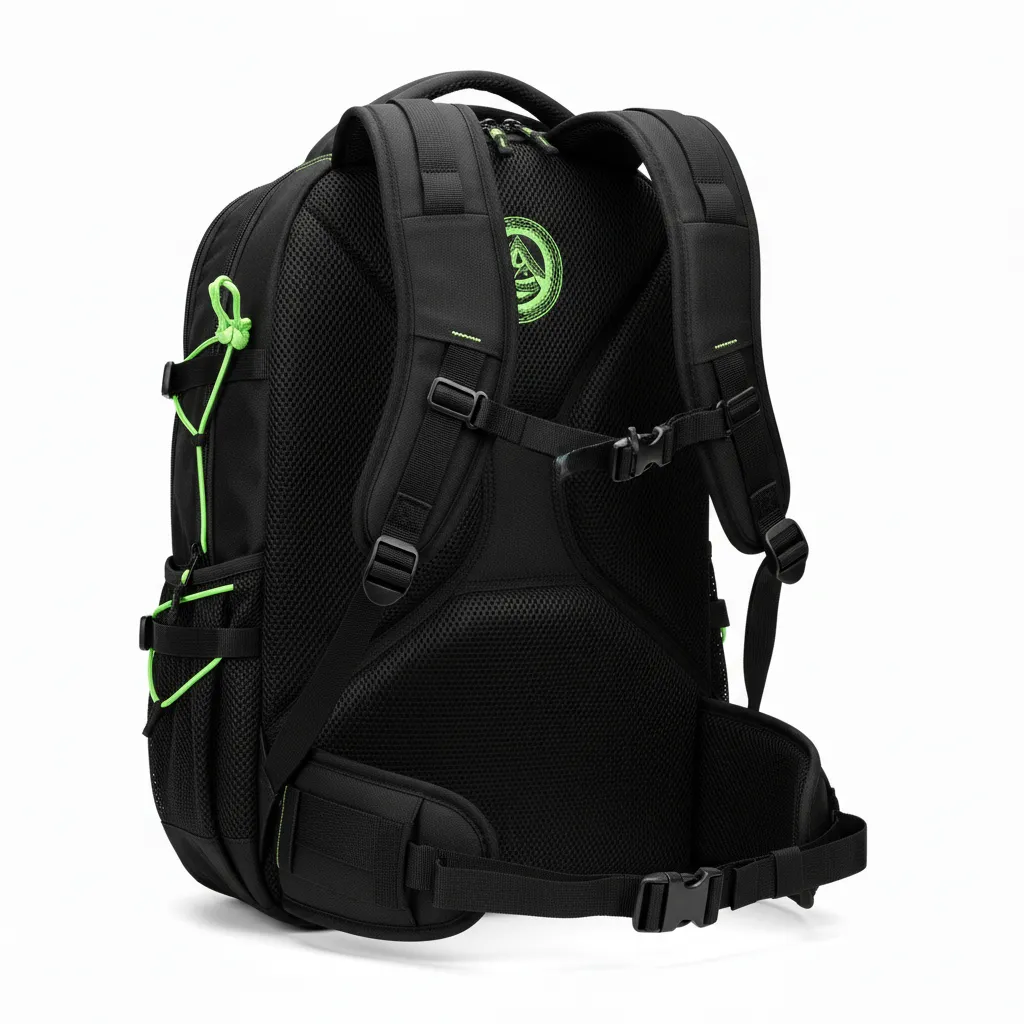 Custom Lacrosse Team Backpack - Black, Green - Neon Serpent Strike - Back View - Kinexa Sportswear