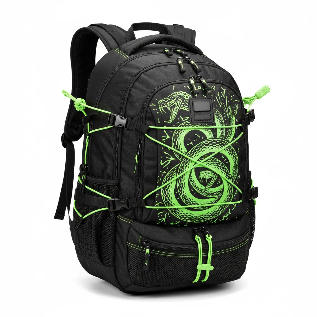 Custom Lacrosse Team Backpack - Black, Green - Neon Serpent Strike - Front View - Kinexa Sportswear