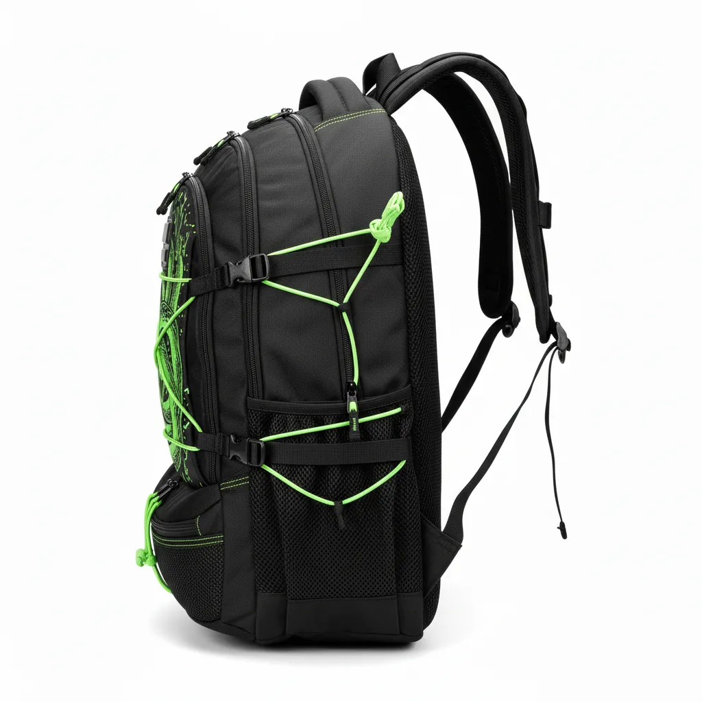 Custom Lacrosse Team Backpack - Black, Green - Neon Serpent Strike - Side View - Kinexa Sportswear