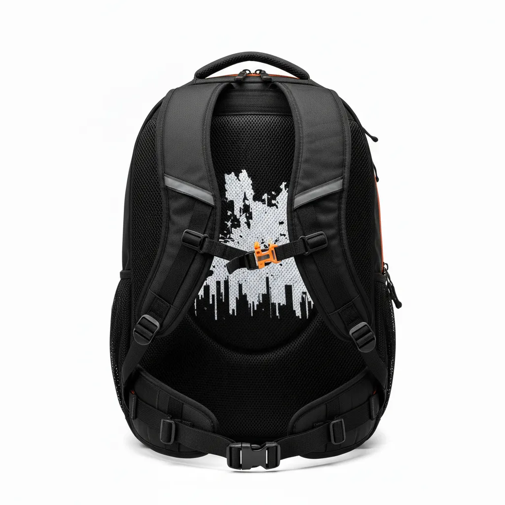 Custom Lacrosse Team Backpack - Black, Orange, White - Long Island Strong - Back View - Kinexa Sportswear