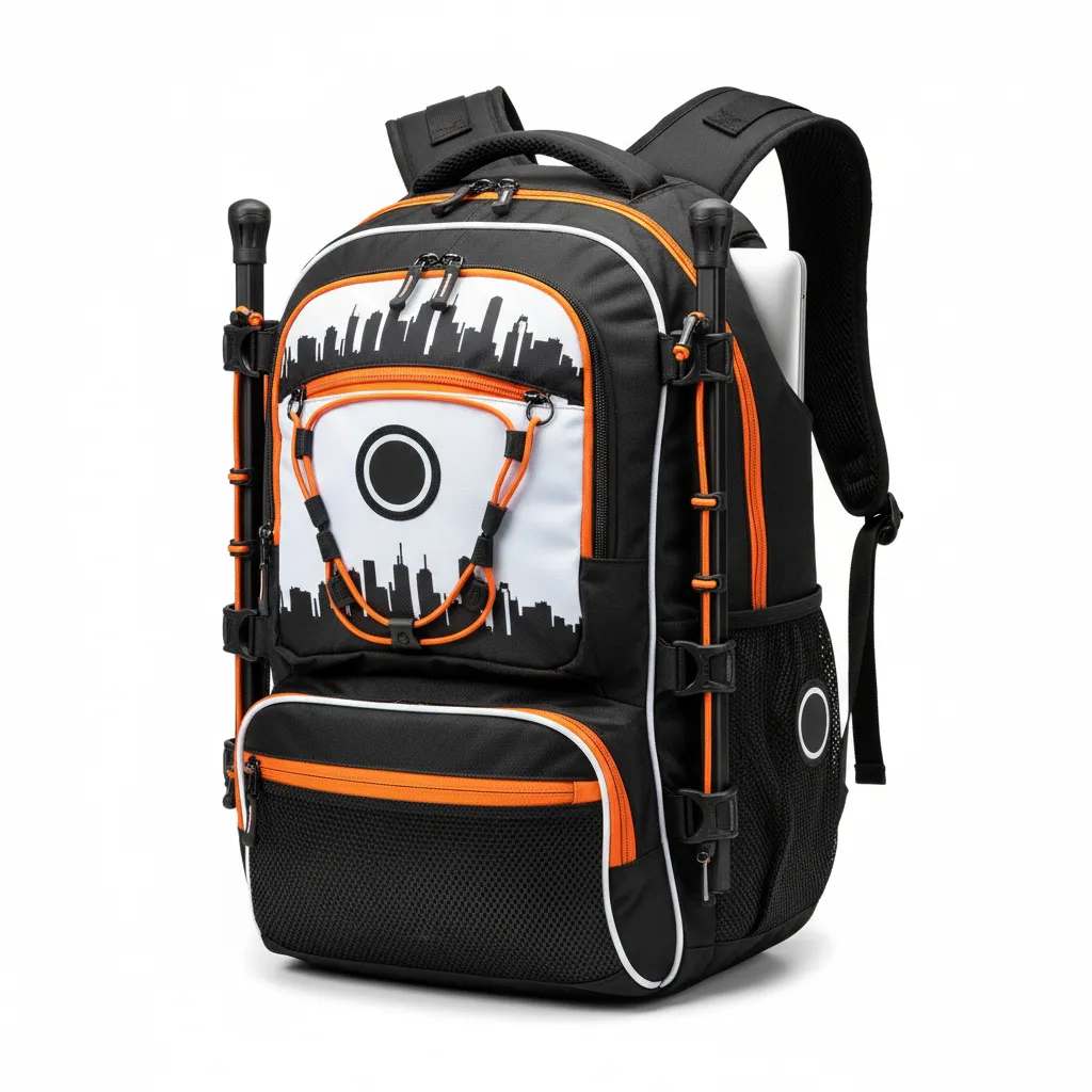 Custom Lacrosse Team Backpack - Black, Orange, White - Long Island Strong - Front View - Kinexa Sportswear