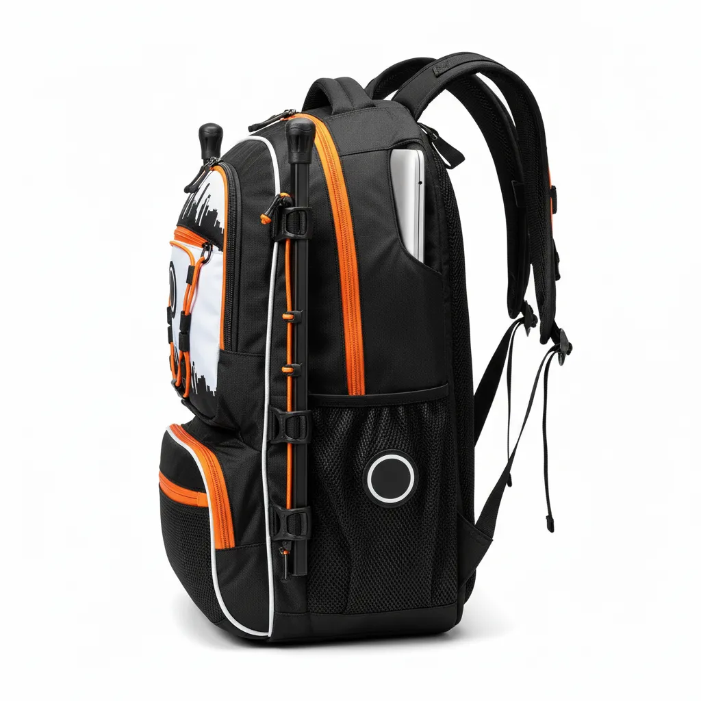 Custom Lacrosse Team Backpack - Black, Orange, White - Long Island Strong - Side View - Kinexa Sportswear