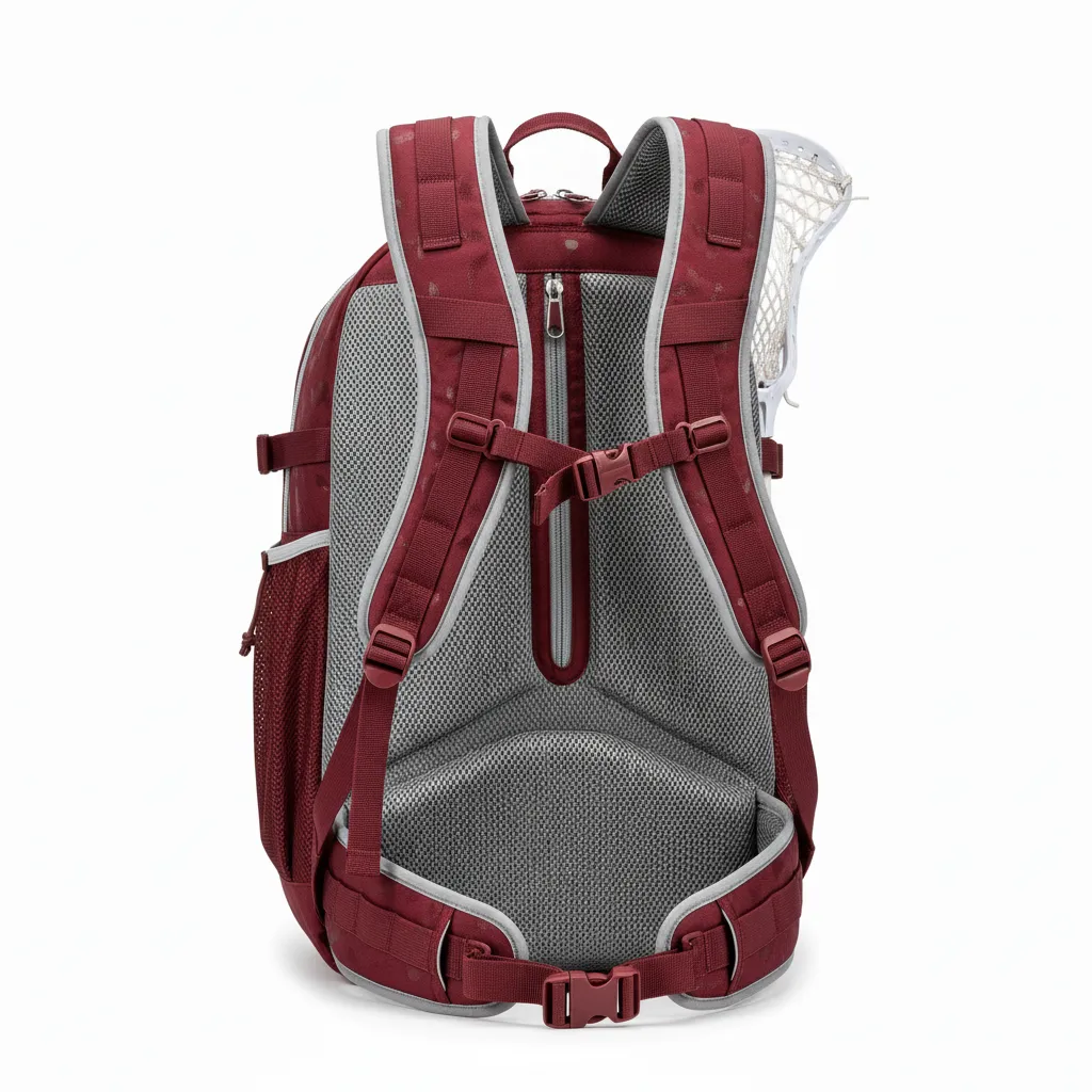 Custom Lacrosse Team Backpack - Burgundy, Silver - Bear Clan Strength - Back View - Kinexa Sportswear