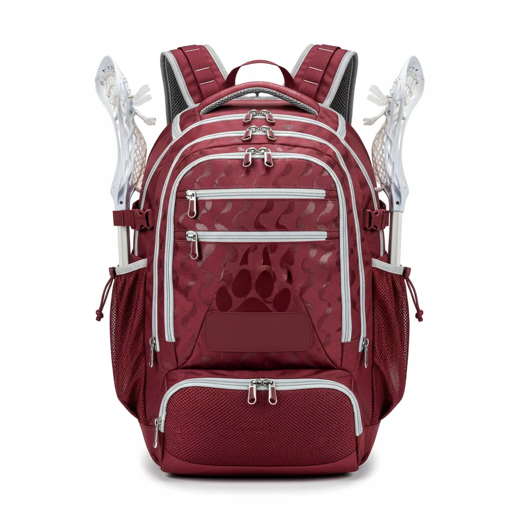 Custom Lacrosse Team Backpack - Burgundy, Silver - Bear Clan Strength - Front View - Kinexa Sportswear