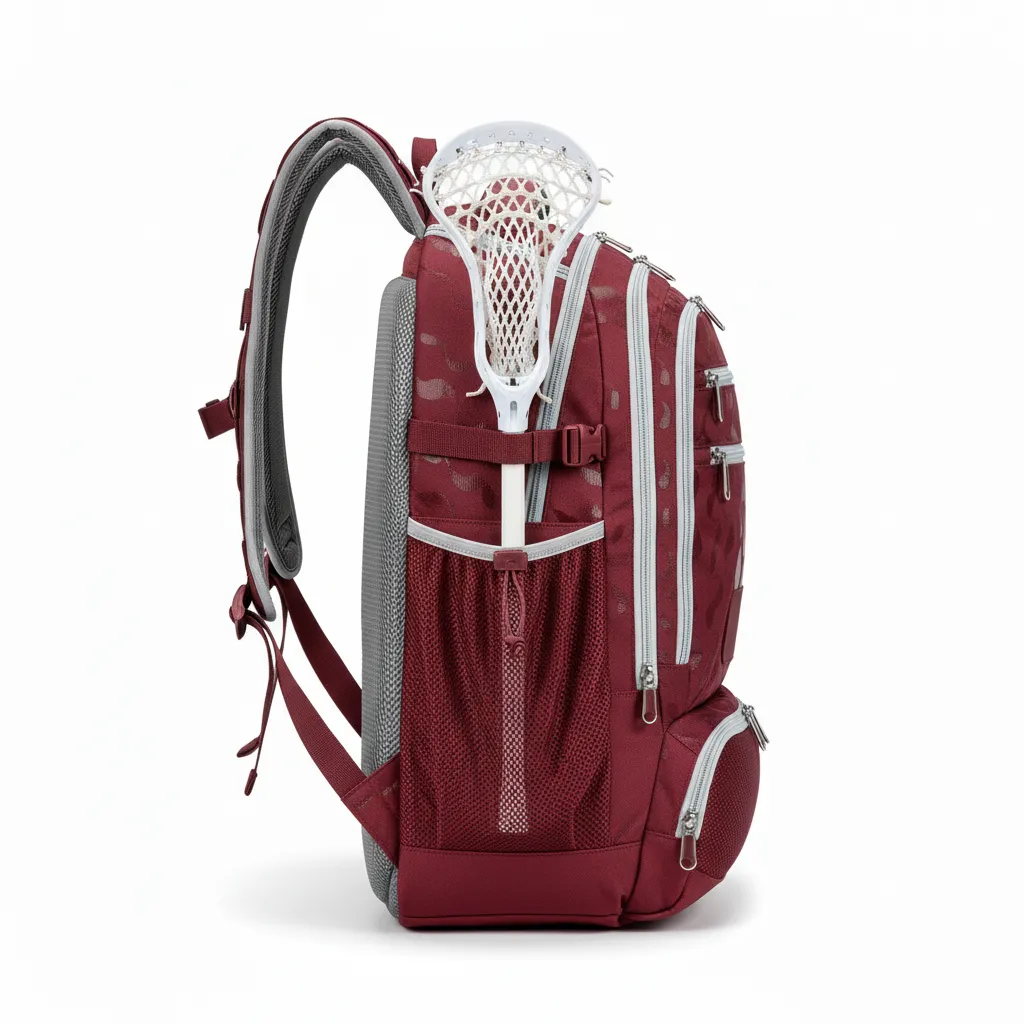 Custom Lacrosse Team Backpack - Burgundy, Silver - Bear Clan Strength - Side View - Kinexa Sportswear