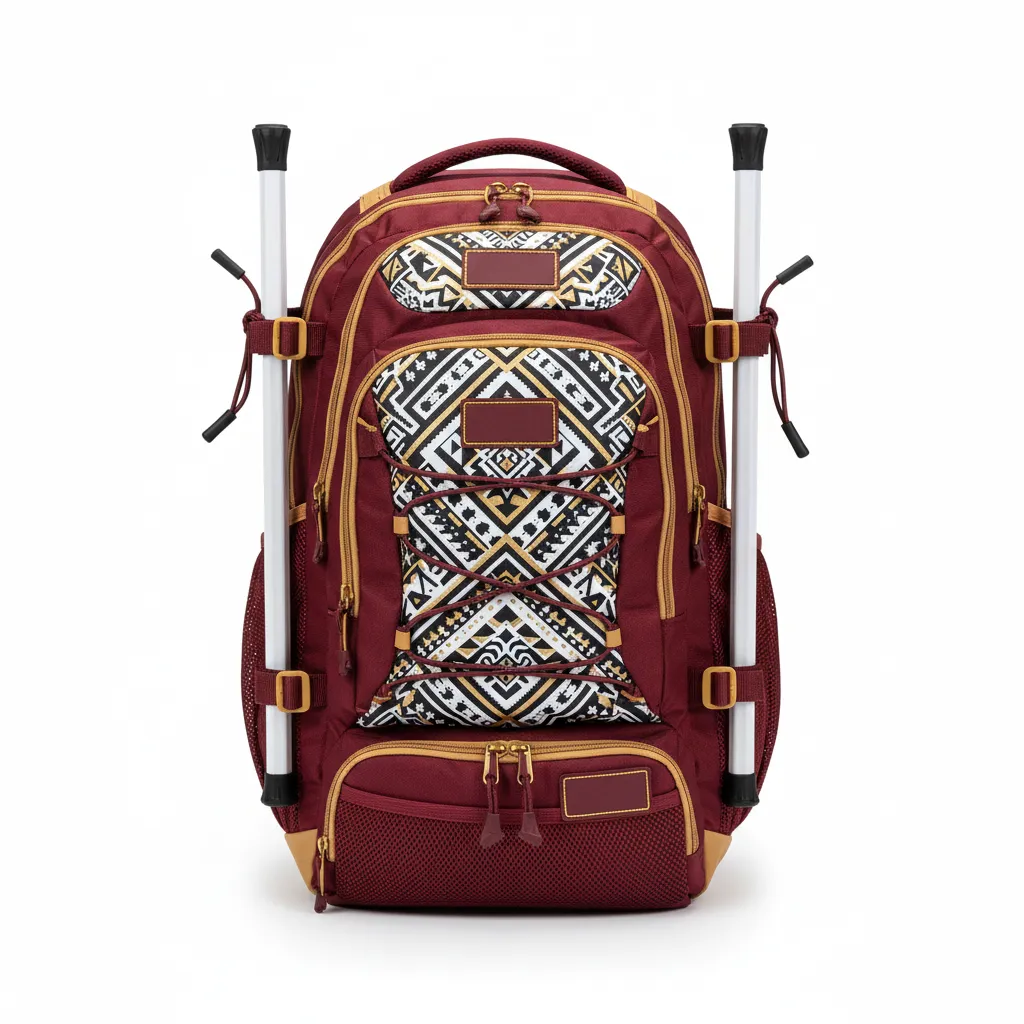 Custom Lacrosse Team Backpack - Burgundy, Gold - Vegas Tribal Clash - Front View - Kinexa Sportswear