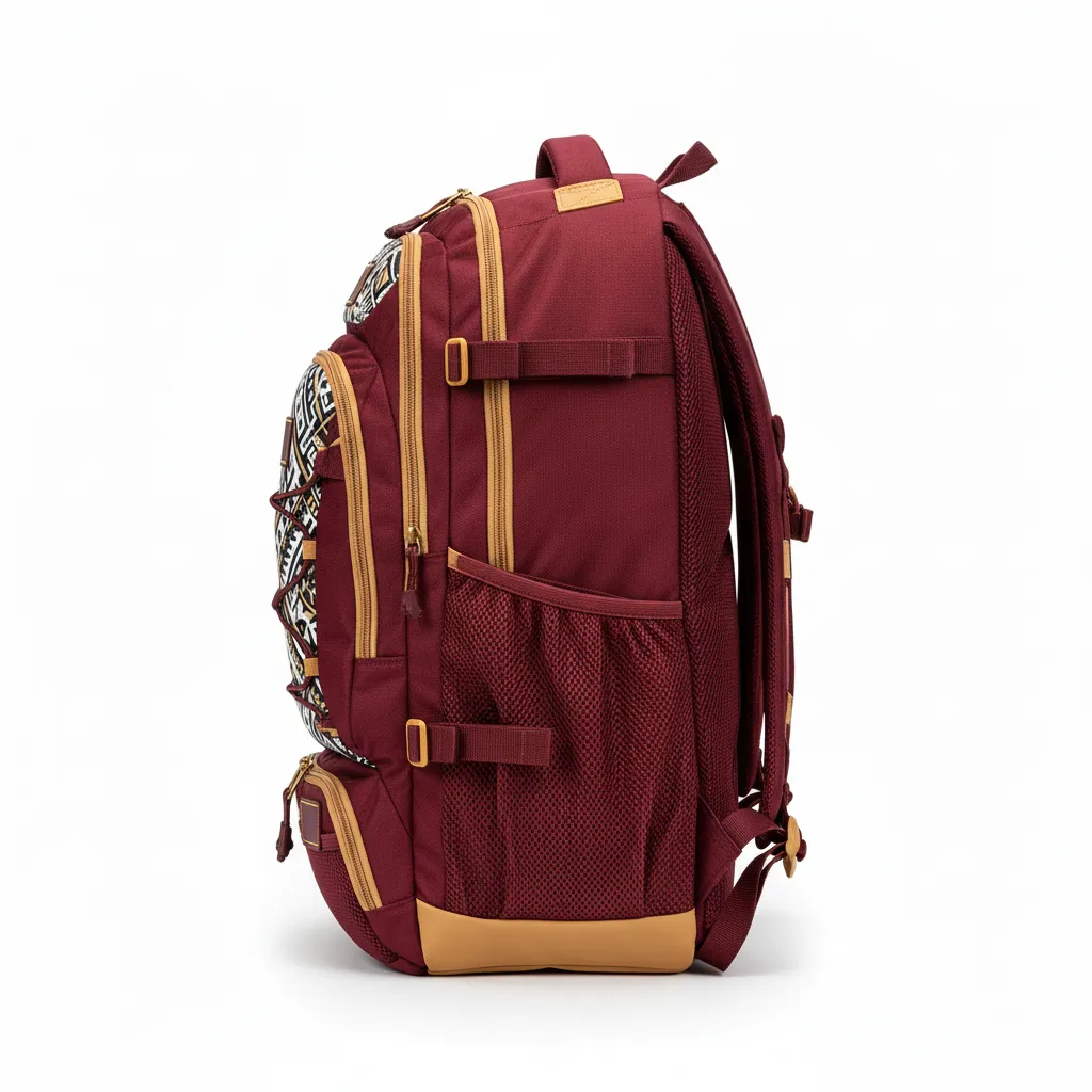 Custom Lacrosse Team Backpack - Burgundy, Gold - Vegas Tribal Clash - Side View - Kinexa Sportswear
