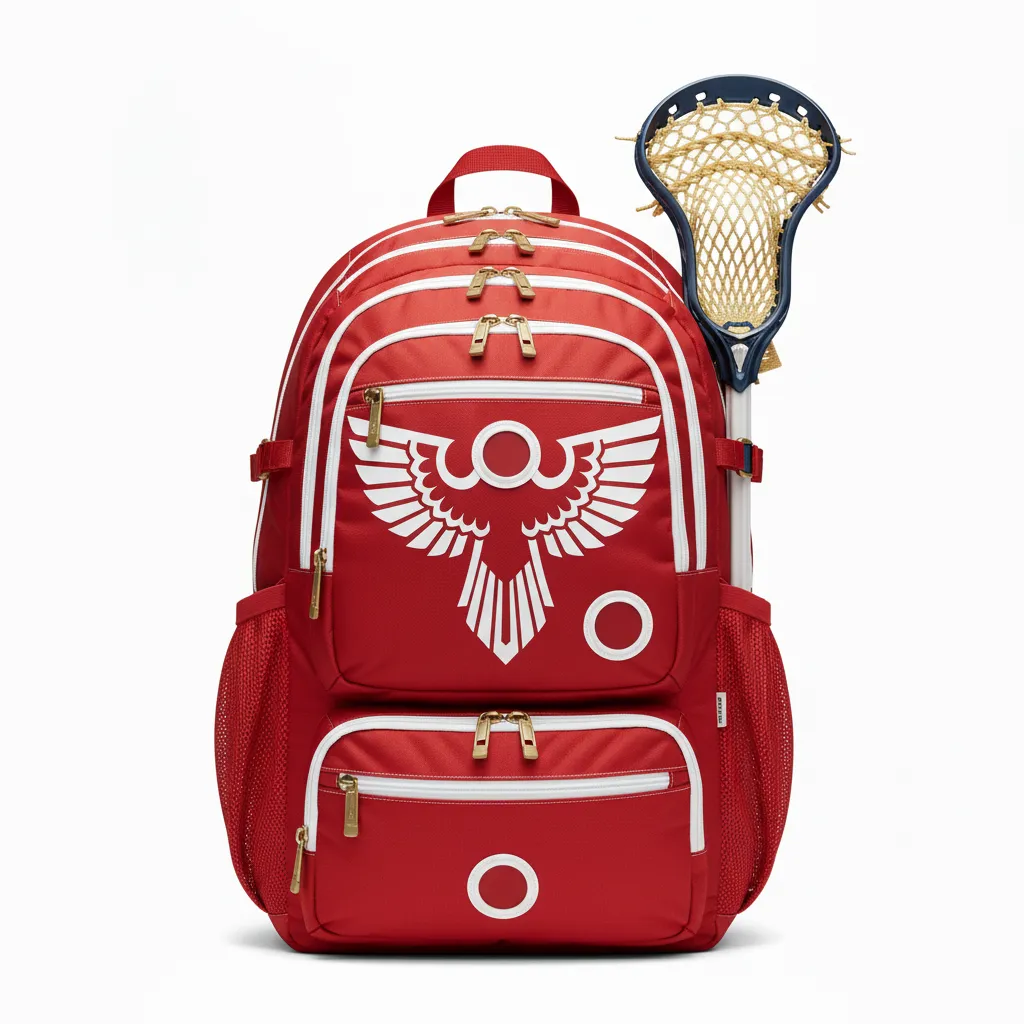 Custom Lacrosse Team Backpack - Red, White - Cardinal Thunderbird Spirit - Front View - Kinexa Sportswear