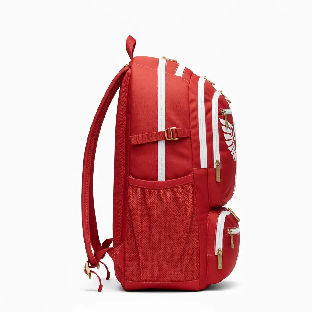 Custom Lacrosse Team Backpack - Red, White - Cardinal Thunderbird Spirit - Side View - Kinexa Sportswear