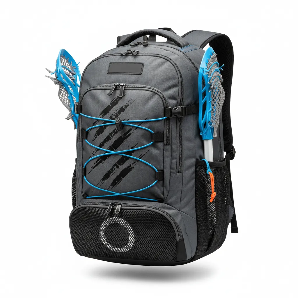 Custom Lacrosse Team Backpack - Blue - Charcoal Electric Cleat Marks Trail - Front View - Kinexa Sportswear