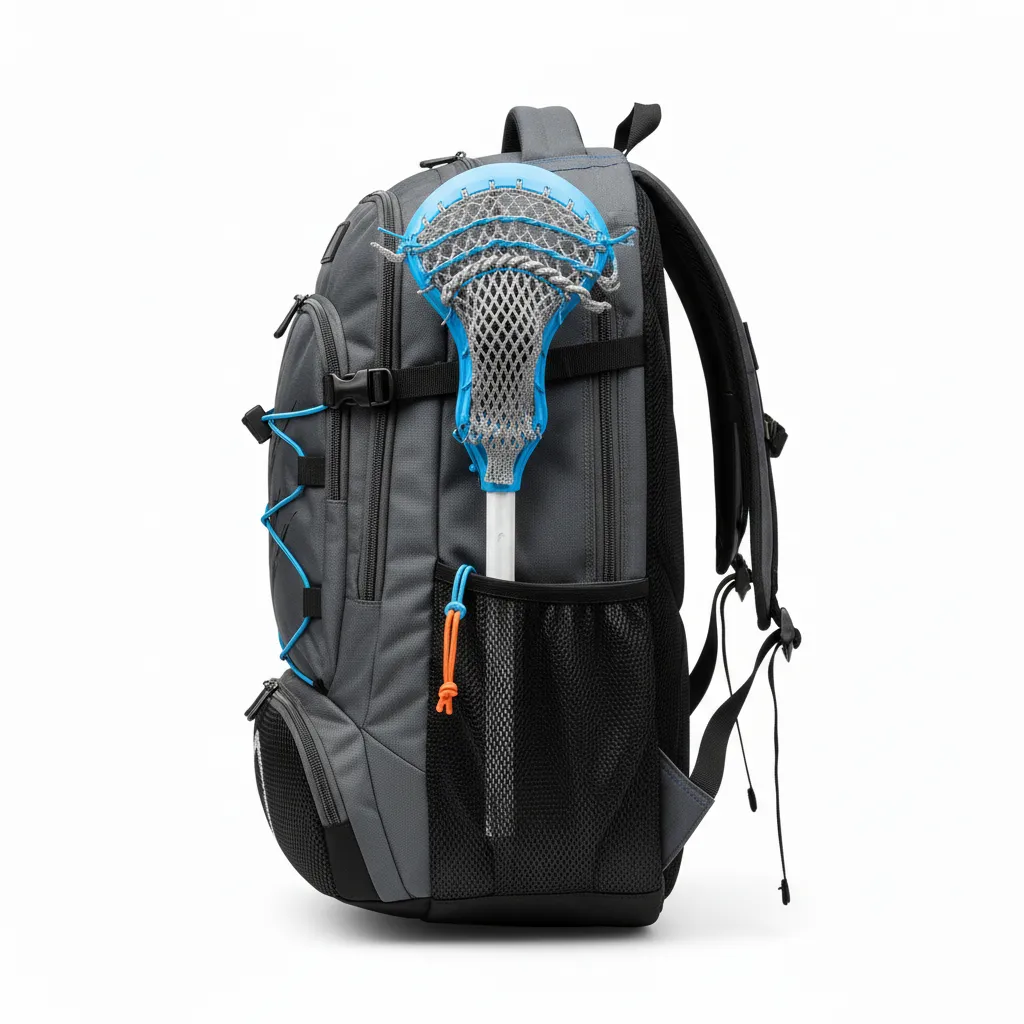 Custom Lacrosse Team Backpack - Blue - Charcoal Electric Cleat Marks Trail - Side View - Kinexa Sportswear