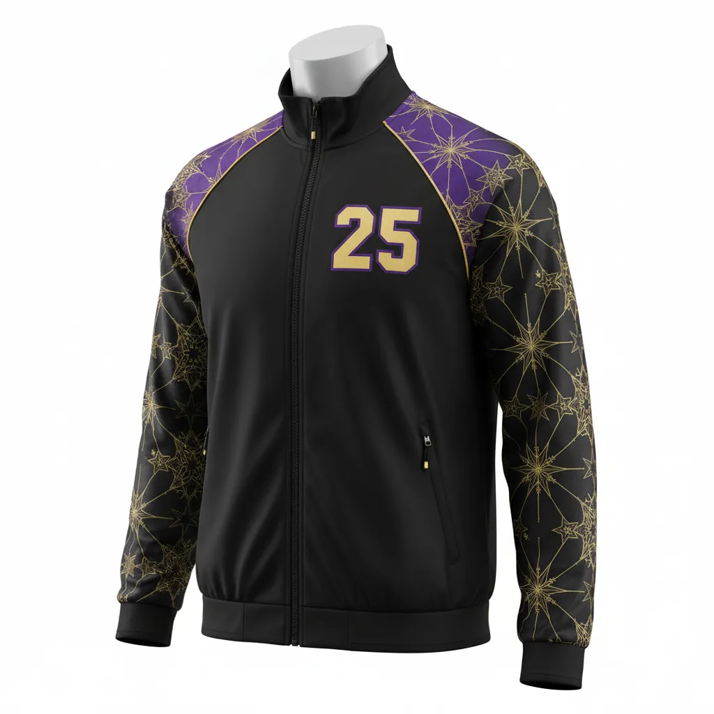 Custom Lacrosse Track Jacket - Black, Gold, Purple - Creator S Game Celestial - Front View - Kinexa Sportswear