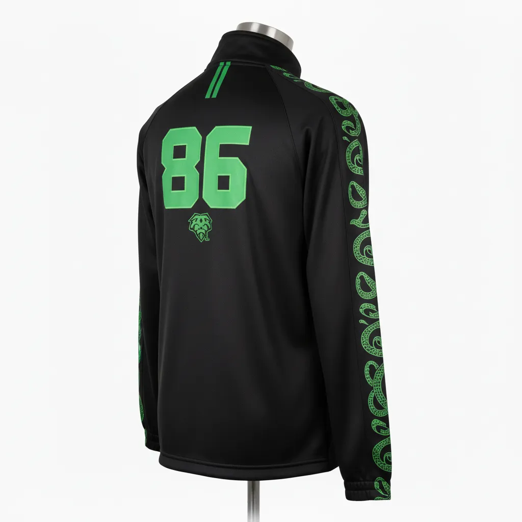Custom Lacrosse Track Jacket - Black, Green - Neon Serpent Strike - Back View - Kinexa Sportswear