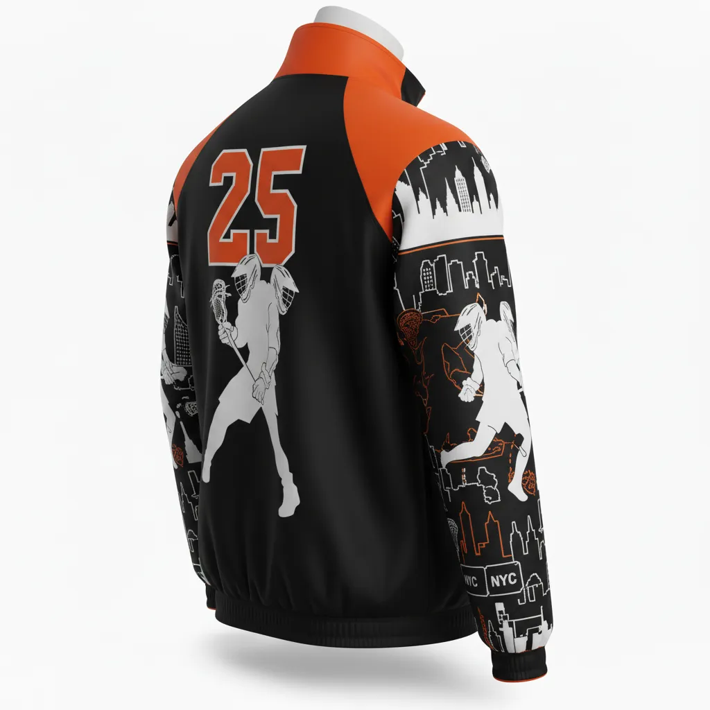 Custom Lacrosse Track Jacket - Black, Orange, White - Long Island Strong - Back View - Kinexa Sportswear