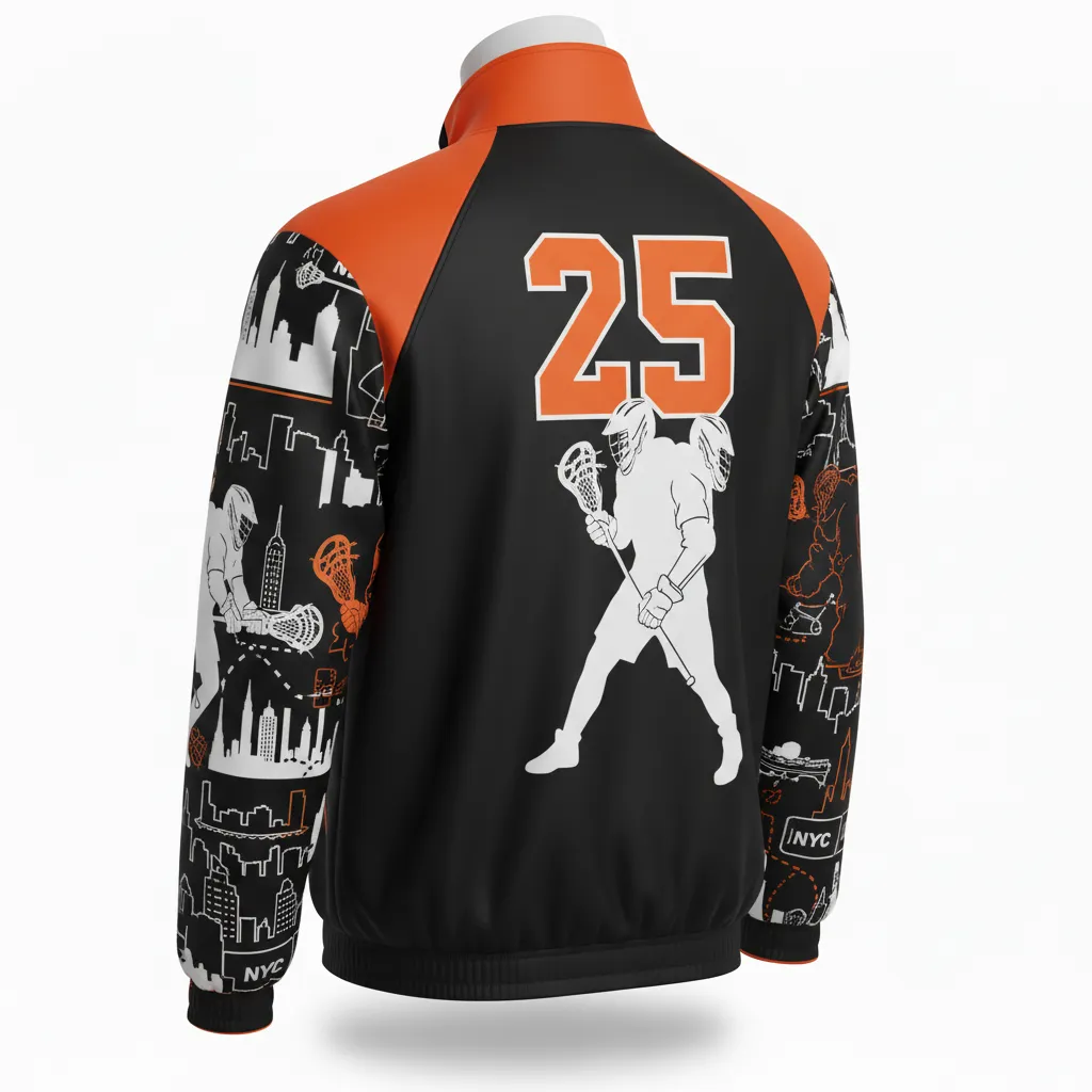 Custom Lacrosse Track Jacket - Black, Orange, White - Long Island Strong - Front View - Kinexa Sportswear