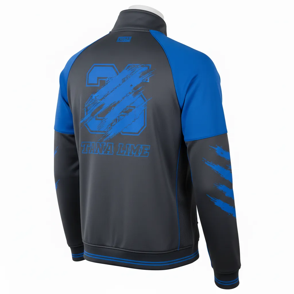 Custom Lacrosse Track Jacket - Blue - Charcoal Electric Cleat Marks Trail - Back View - Kinexa Sportswear