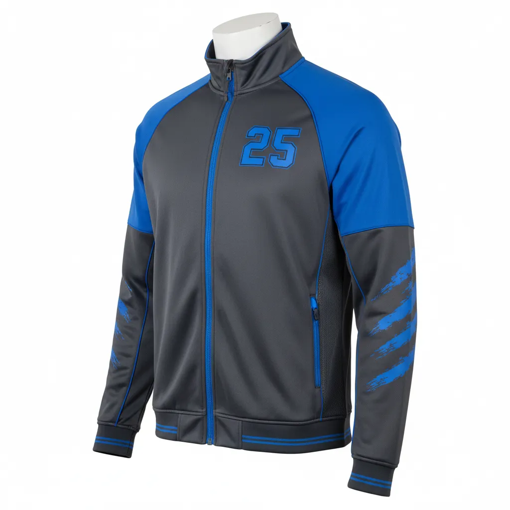 Custom Lacrosse Track Jacket - Blue - Charcoal Electric Cleat Marks Trail - Front View - Kinexa Sportswear