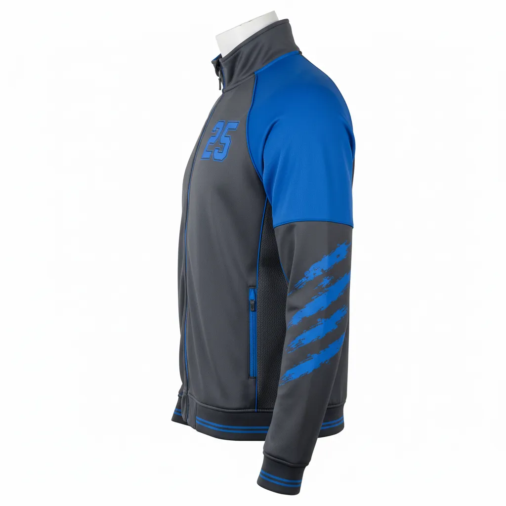 Custom Lacrosse Track Jacket - Blue - Charcoal Electric Cleat Marks Trail - Side View - Kinexa Sportswear