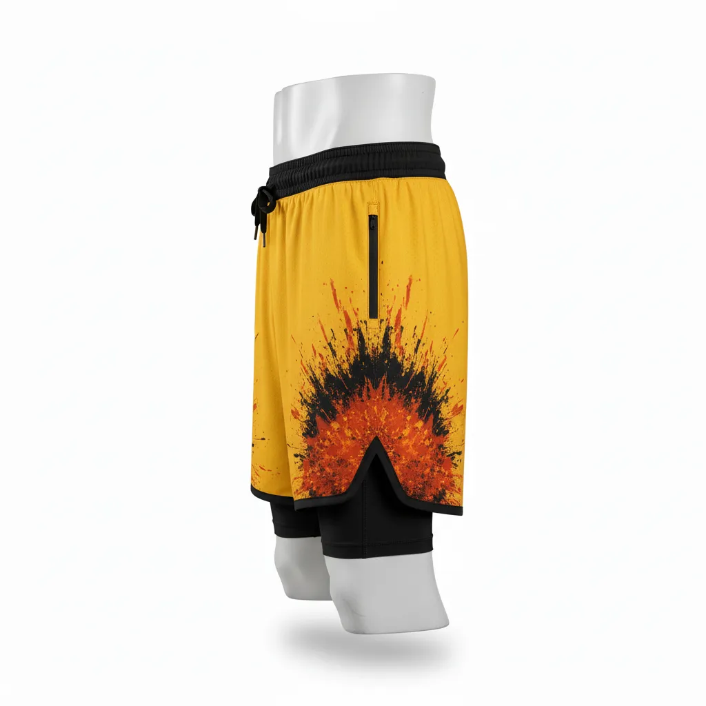 Custom Lacrosse Training Shorts - Gold, Black - Athletic Goal Dust Explosion - Side View - Kinexa Sportswear