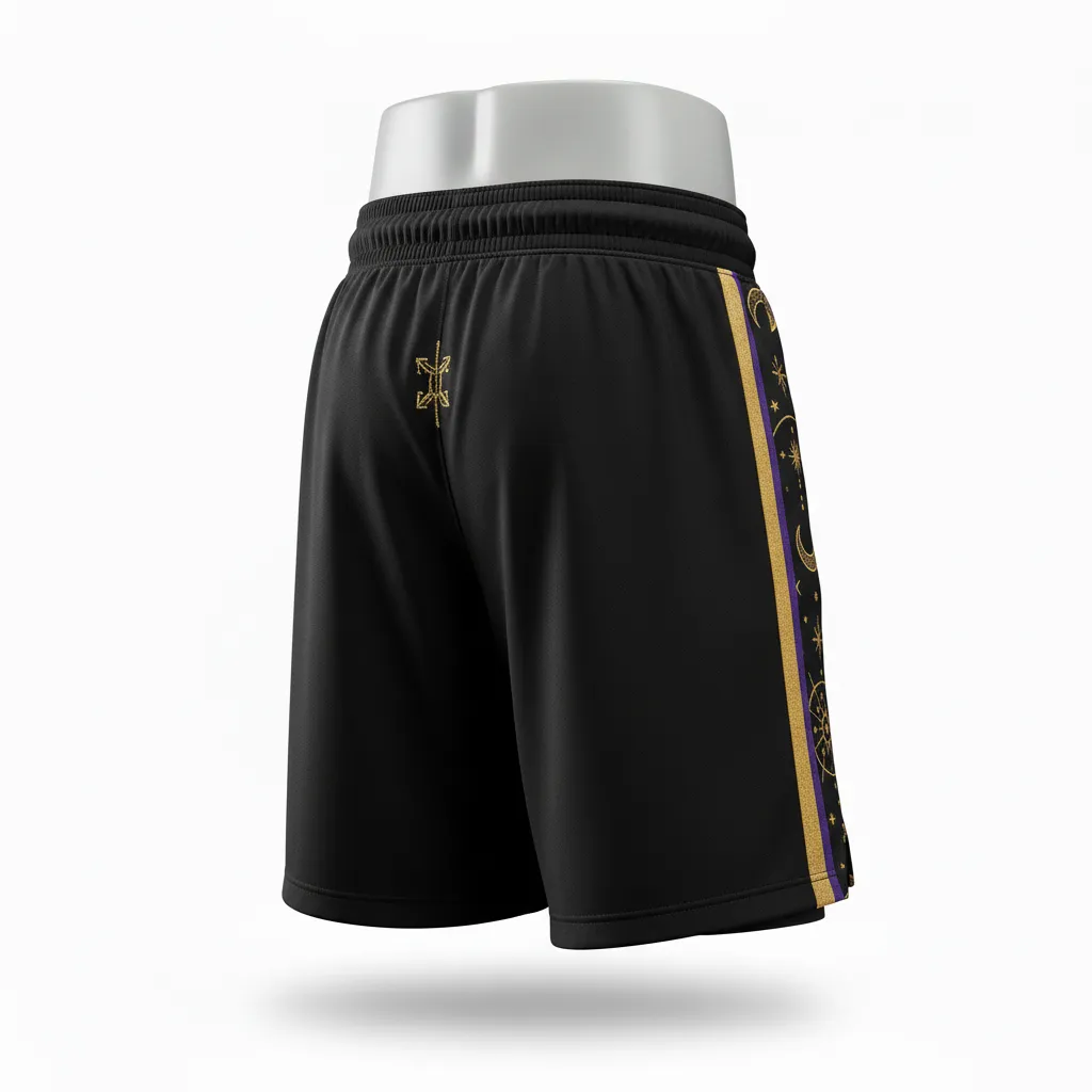 Custom Lacrosse Training Shorts - Black, Gold, Purple - Creator S Game Celestial - Back View - Kinexa Sportswear