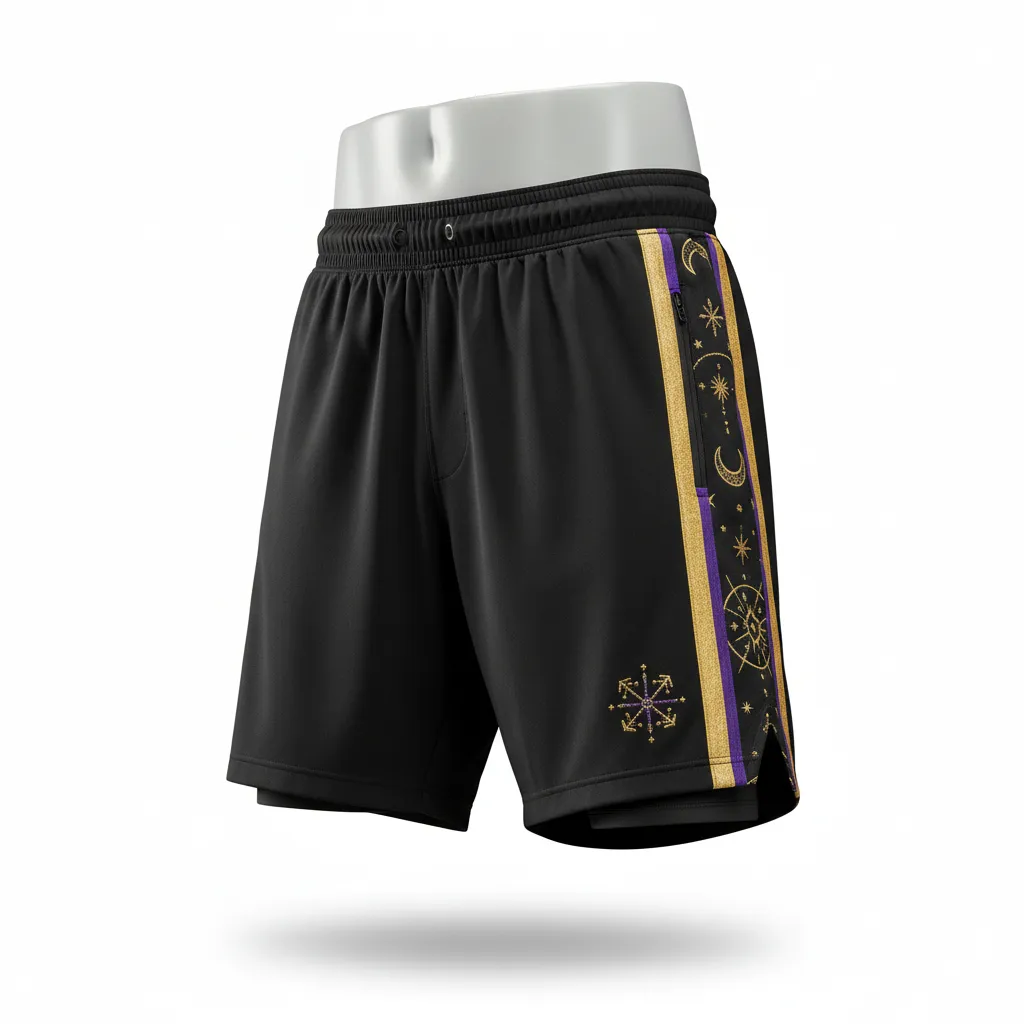 Custom Lacrosse Training Shorts - Black, Gold, Purple - Creator S Game Celestial - Front View - Kinexa Sportswear