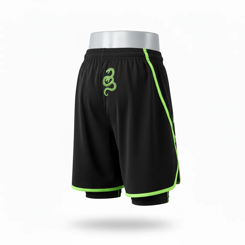 Custom Lacrosse Training Shorts - Black, Green - Neon Serpent Strike - Back View - Kinexa Sportswear