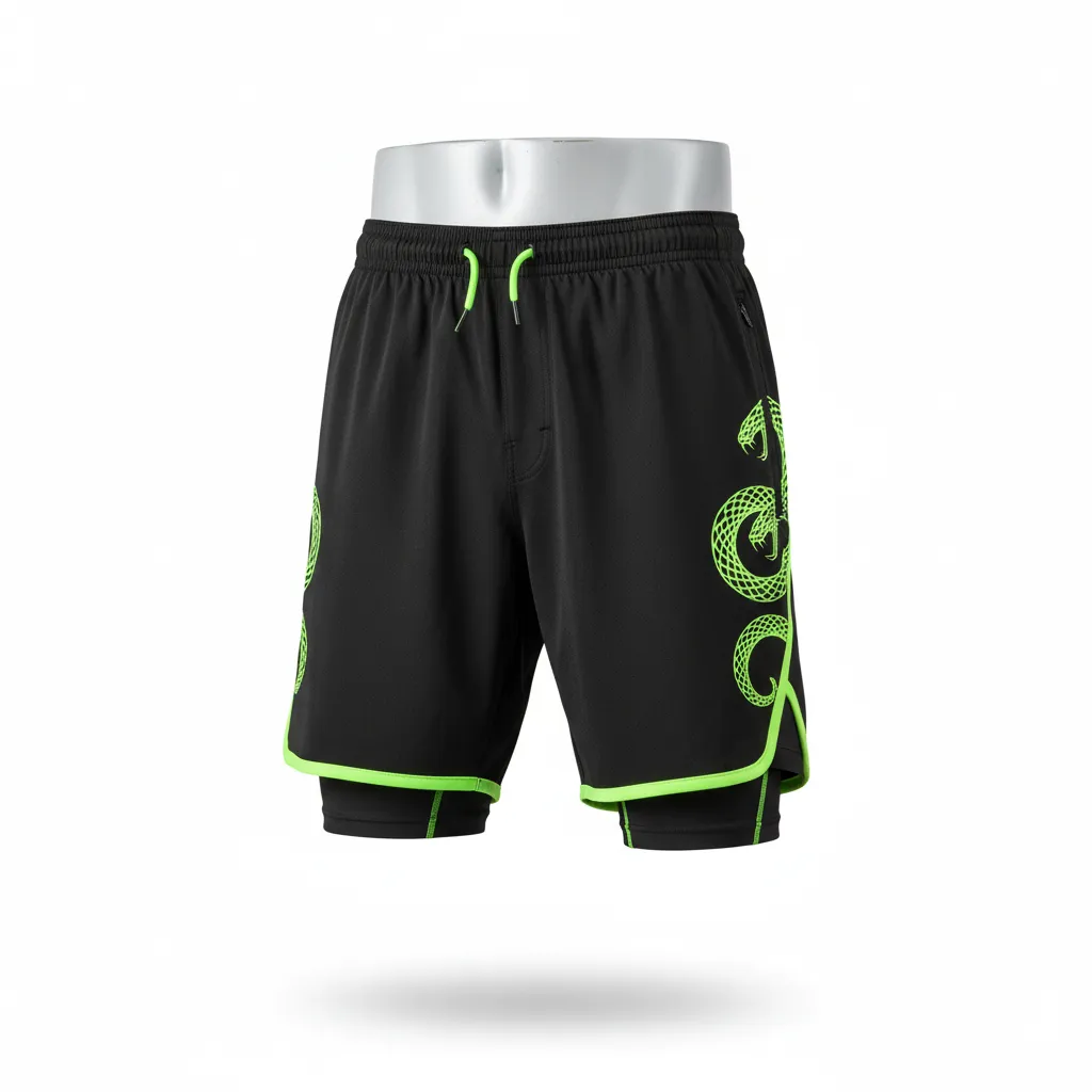 Custom Lacrosse Training Shorts - Black, Green - Neon Serpent Strike - Front View - Kinexa Sportswear
