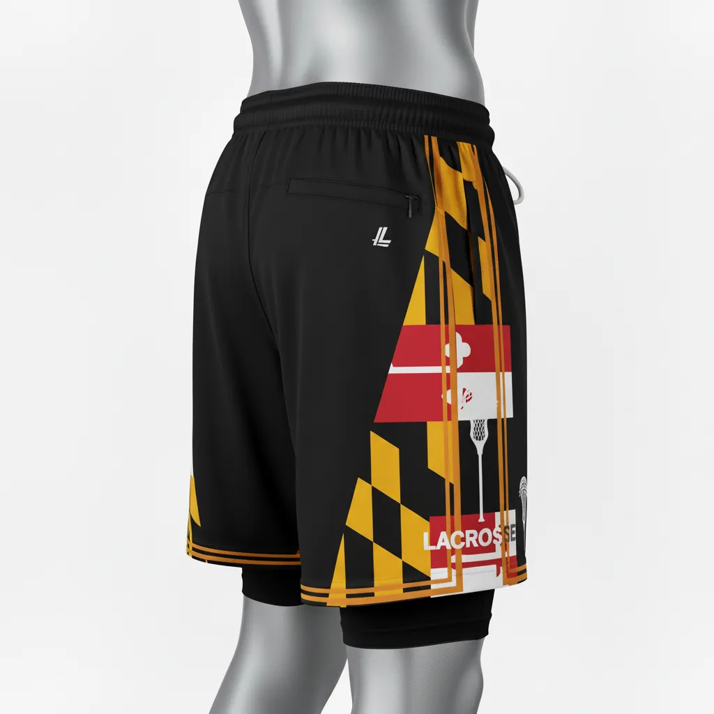 Custom Lacrosse Training Shorts - Black, Red, Gold - Maryland Pride - Back View - Kinexa Sportswear