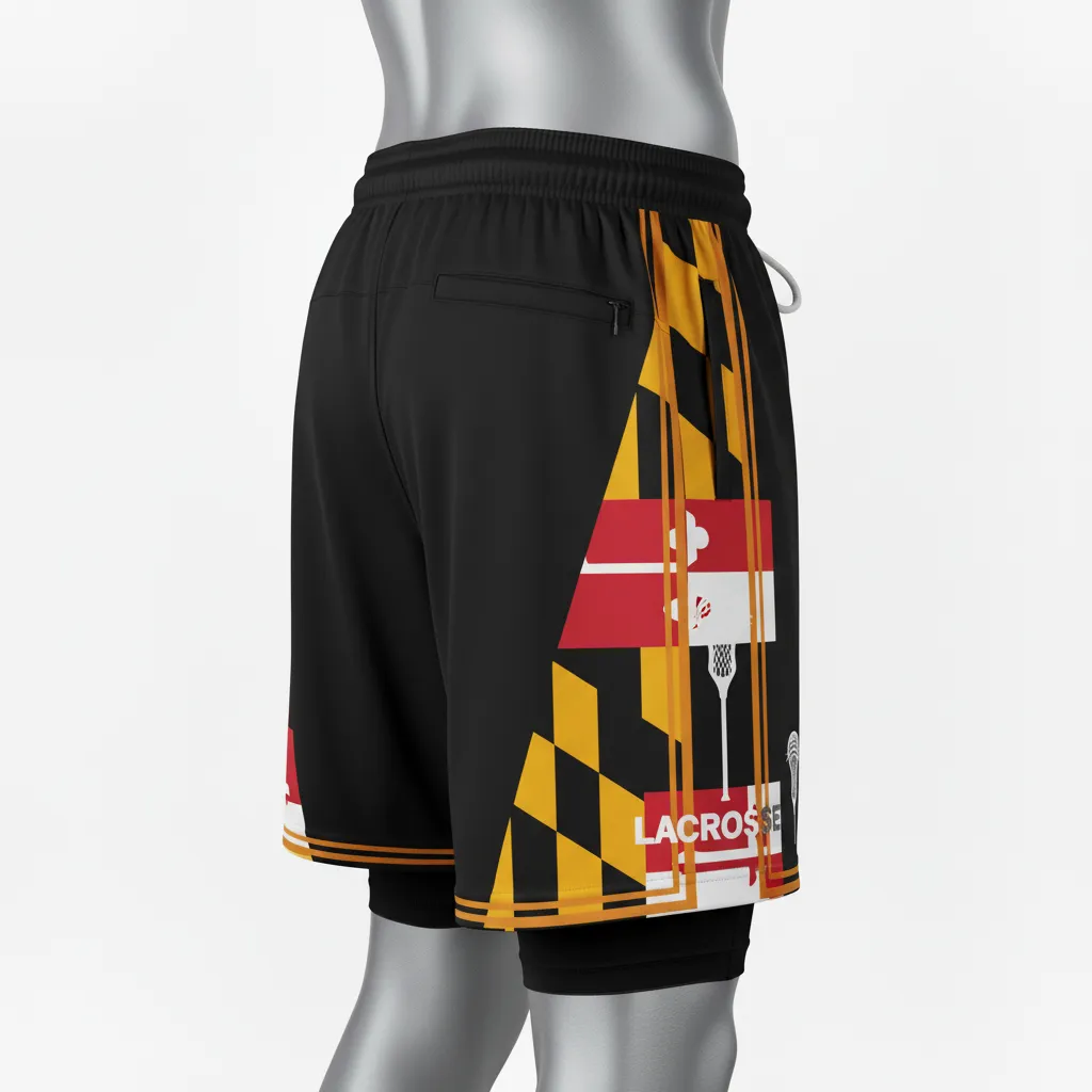 Custom Lacrosse Training Shorts - Black, Red, Gold - Maryland Pride - Front View - Kinexa Sportswear
