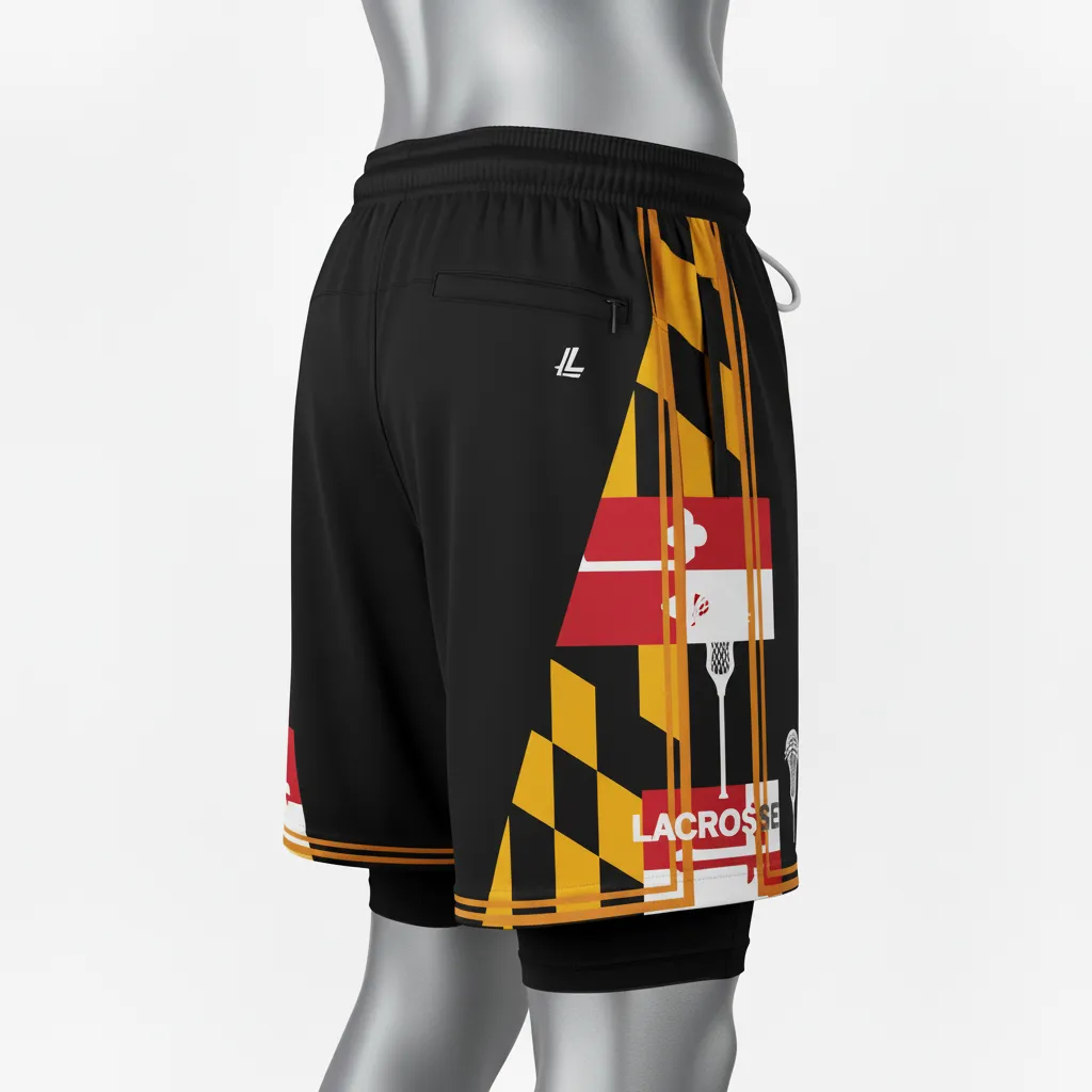 Custom Lacrosse Training Shorts - Black, Red, Gold - Maryland Pride - Side View - Kinexa Sportswear