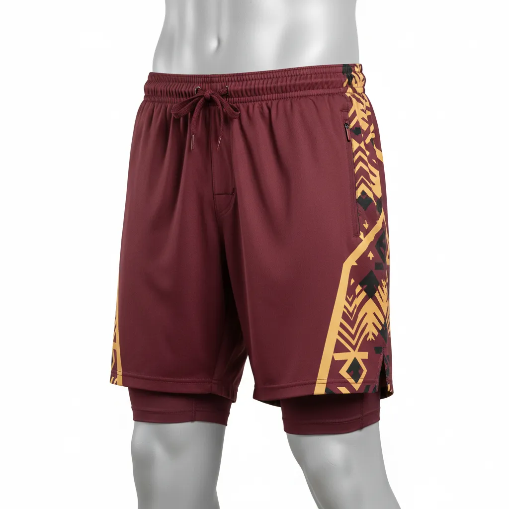 Custom Lacrosse Training Shorts - Burgundy, Gold - Vegas Tribal Clash - Front View - Kinexa Sportswear