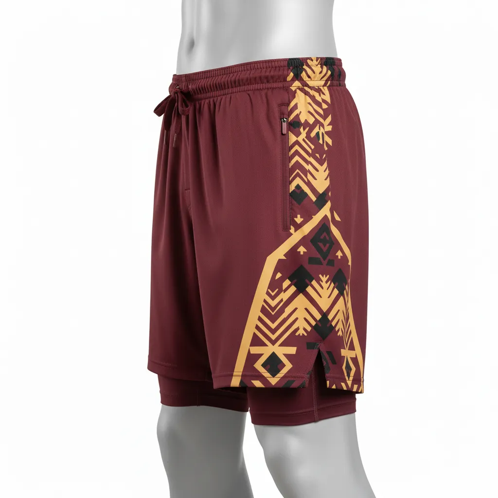 Custom Lacrosse Training Shorts - Burgundy, Gold - Vegas Tribal Clash - Side View - Kinexa Sportswear