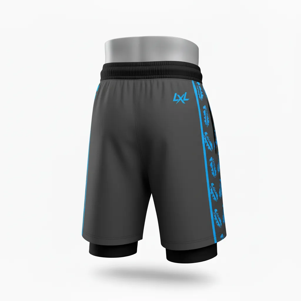 Custom Lacrosse Training Shorts - Blue - Charcoal Electric Cleat Marks Trail - Front View - Kinexa Sportswear