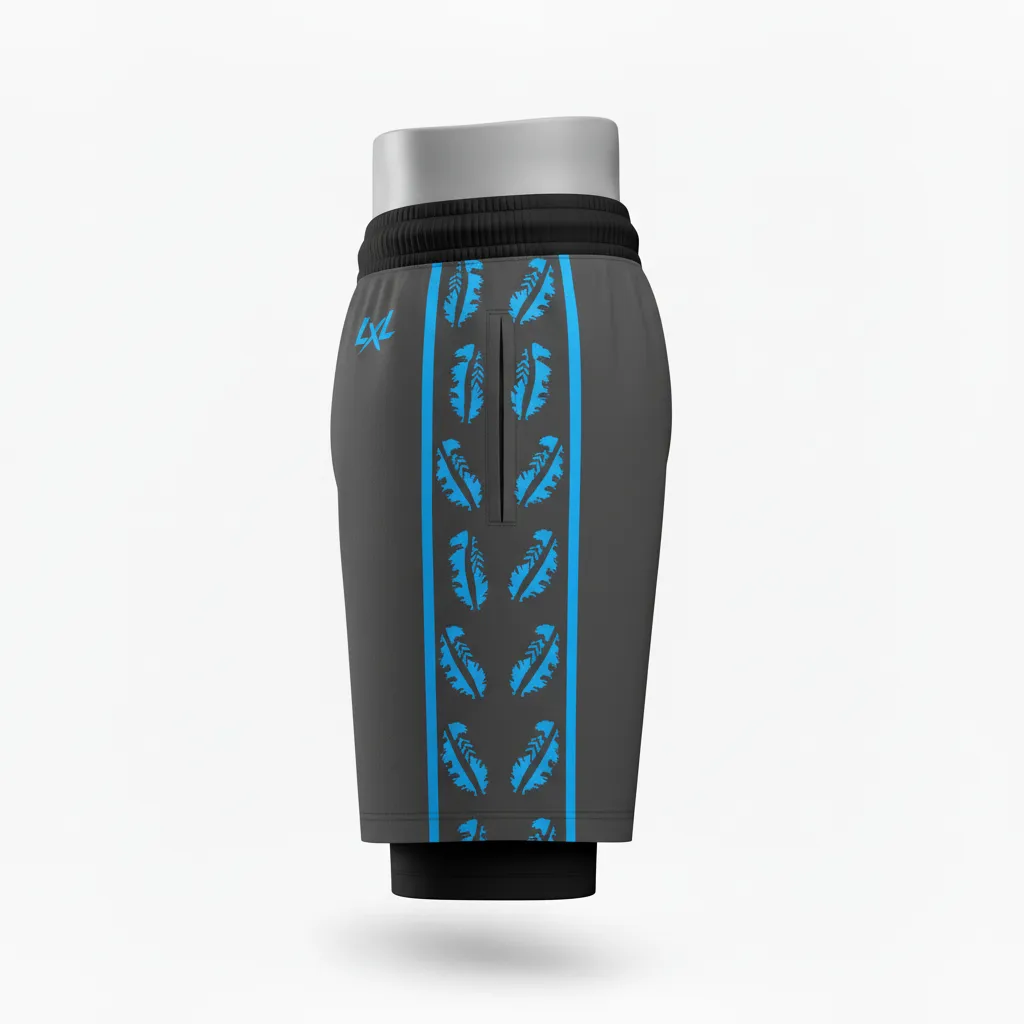 Custom Lacrosse Training Shorts - Blue - Charcoal Electric Cleat Marks Trail - Side View - Kinexa Sportswear