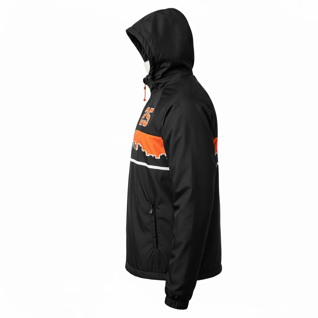 Custom Lacrosse Windbreaker - Black, Orange, White - Long Island Strong - Side View - Kinexa Sportswear