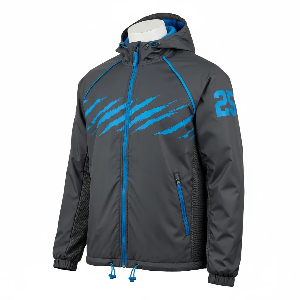 Custom Lacrosse Windbreaker - Blue - Charcoal Electric Cleat Marks Trail - Front View - Kinexa Sportswear