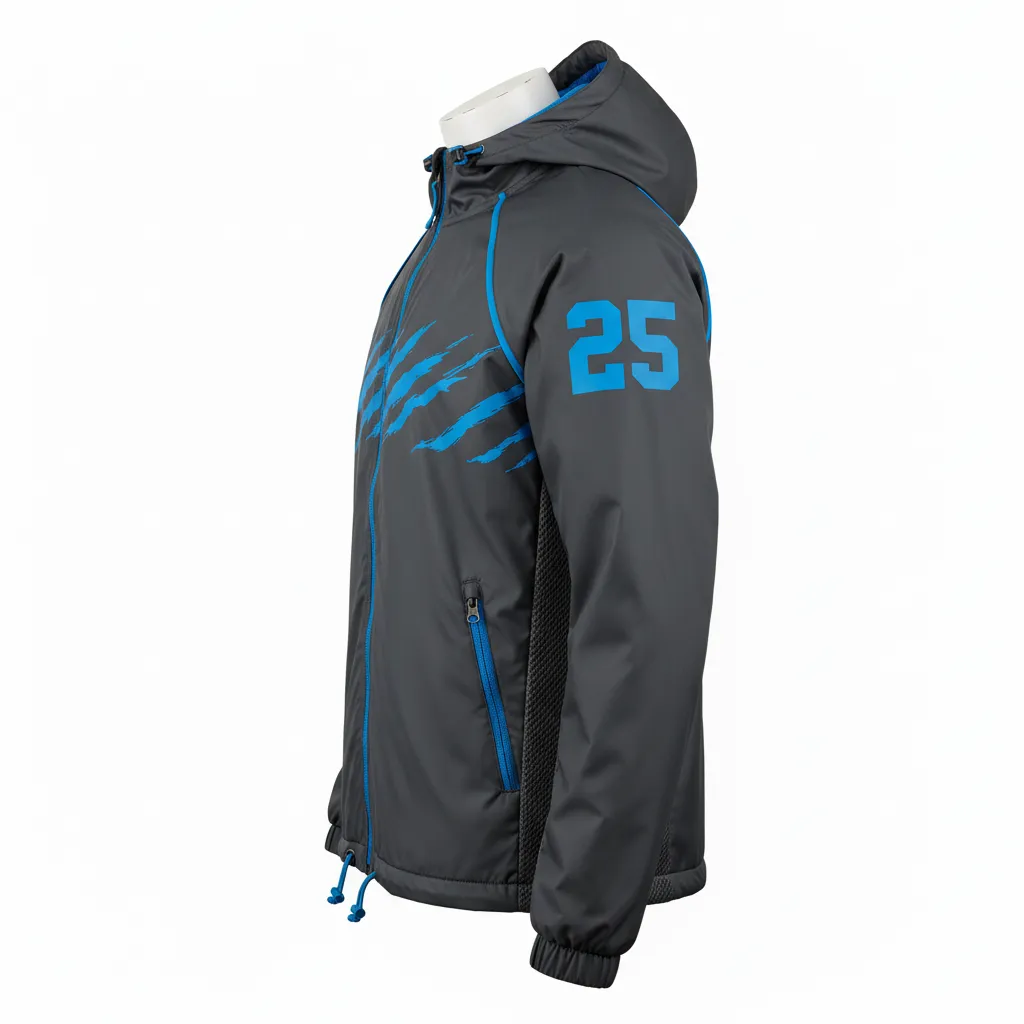Custom Lacrosse Windbreaker - Blue - Charcoal Electric Cleat Marks Trail - Side View - Kinexa Sportswear