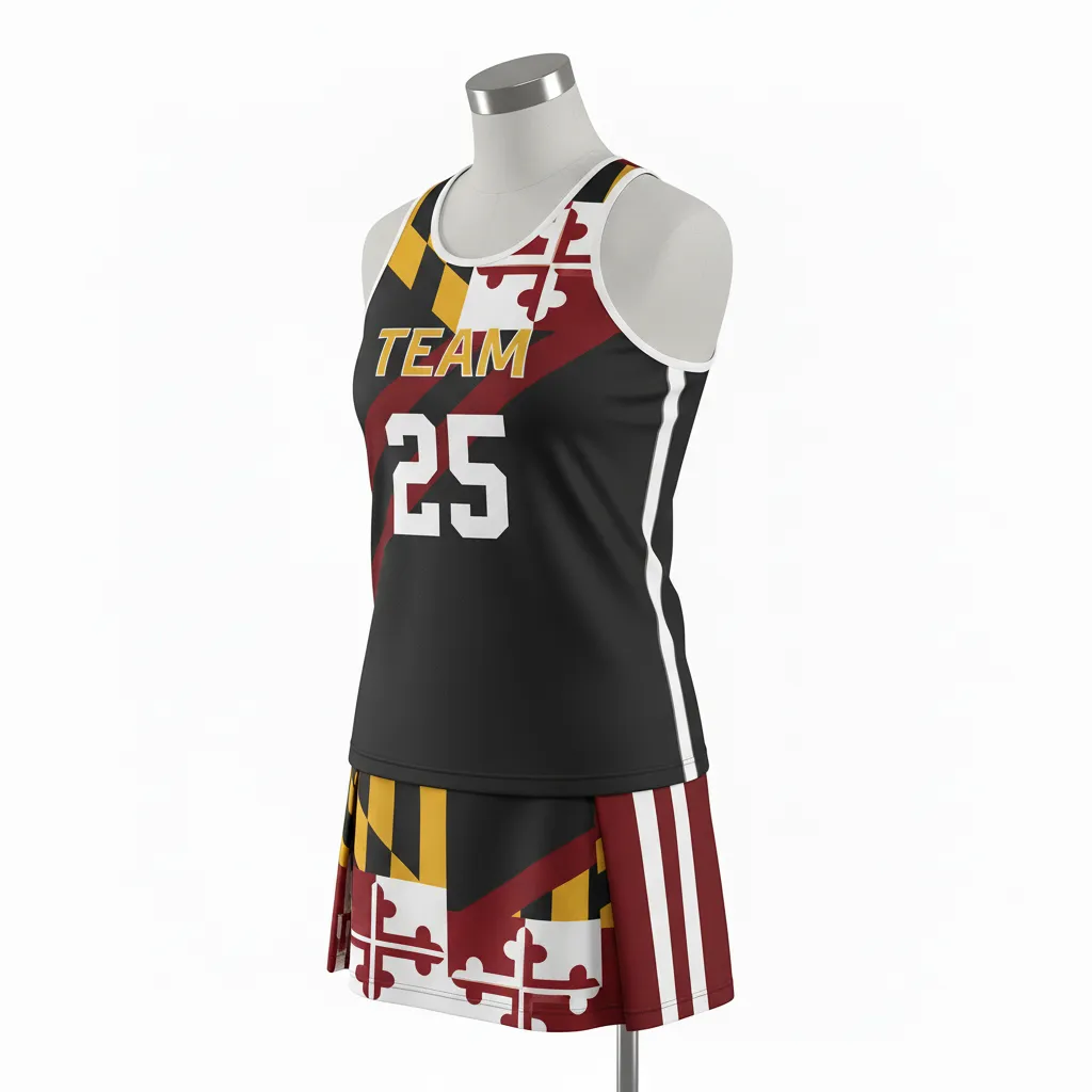 Custom Lacrosse Women Lacrosse Uniform - Black, Red, Gold - S Maryland Pride - Front View - Kinexa Sportswear