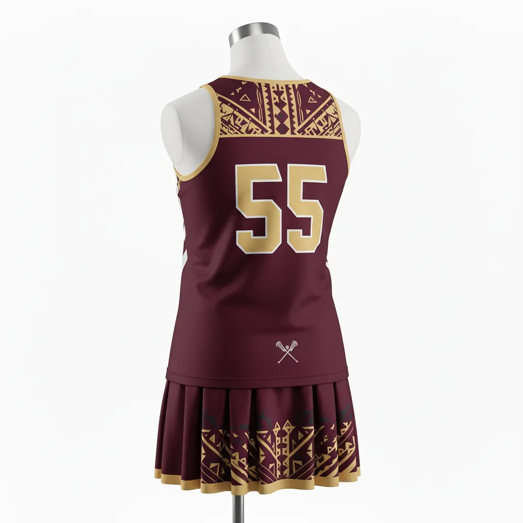 Custom Lacrosse Women Lacrosse Uniform - Burgundy, Gold - S Vegas Tribal Clash - Back View - Kinexa Sportswear