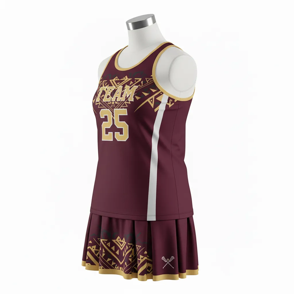 Custom Lacrosse Women Lacrosse Uniform - Burgundy, Gold - S Vegas Tribal Clash - Front View - Kinexa Sportswear