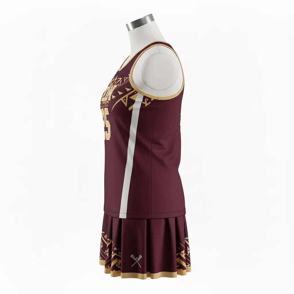 Custom Lacrosse Women Lacrosse Uniform - Burgundy, Gold - S Vegas Tribal Clash - Side View - Kinexa Sportswear