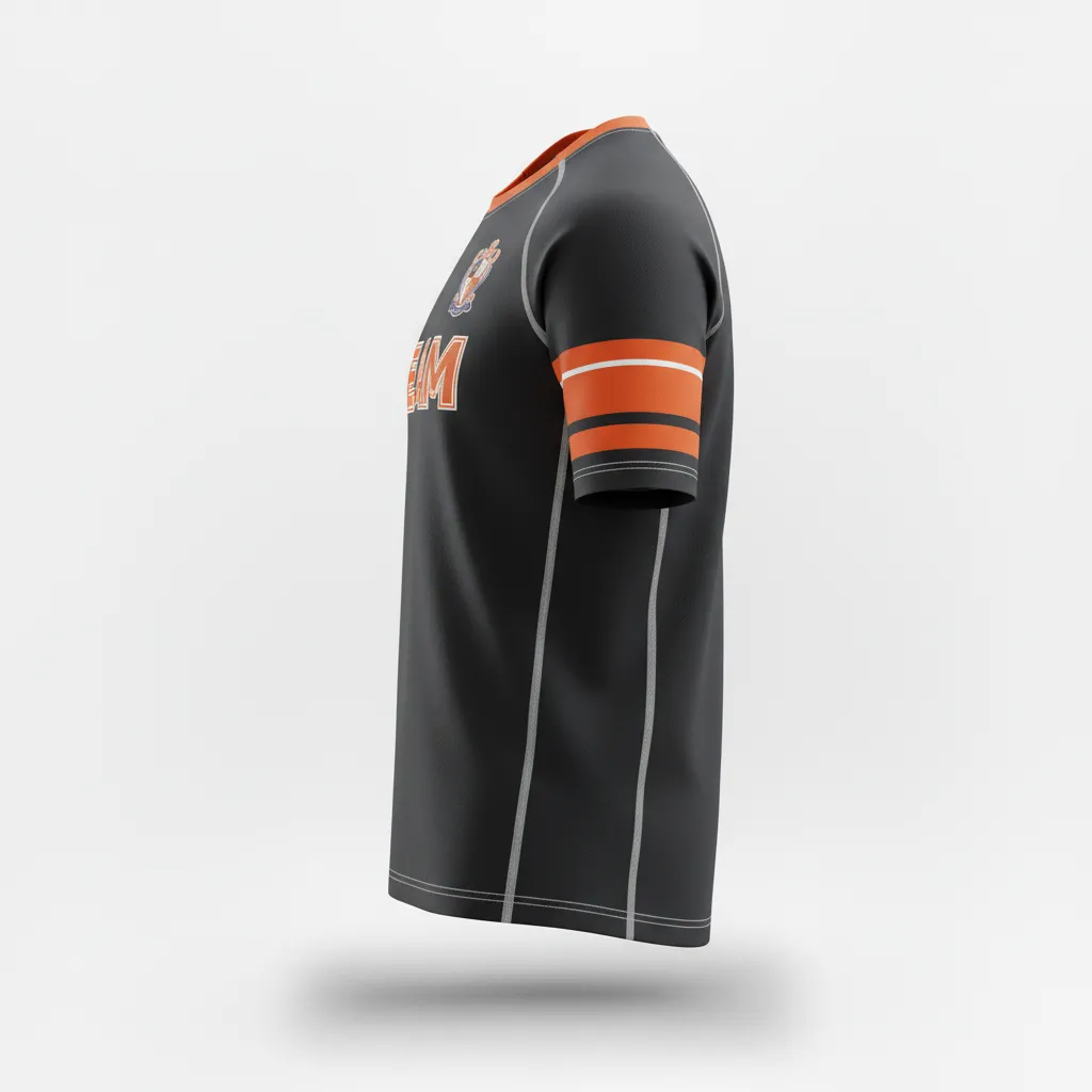 Custom Rugby Short Sleeve T Shirt - Orange, White - All Blacks - Side View - Kinexa Sportswear