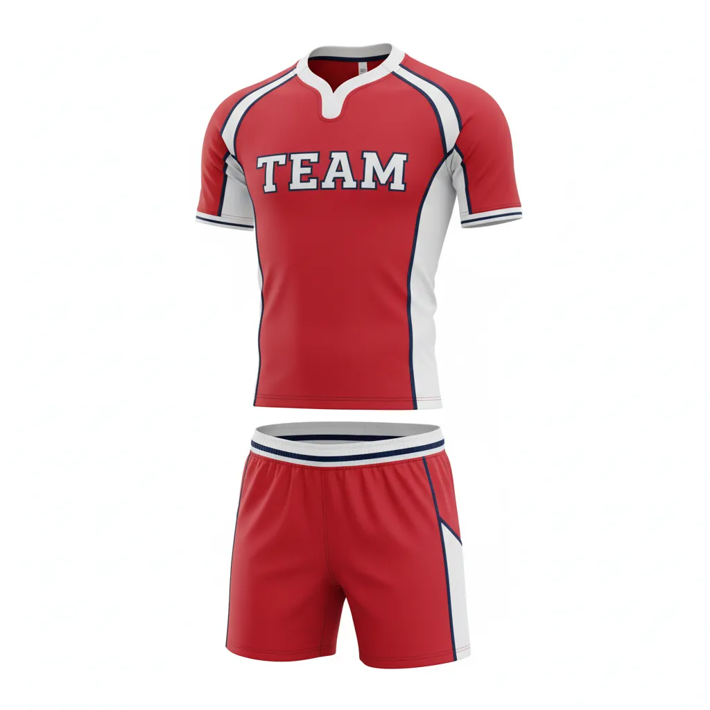 Custom Rugby Standard Rugby Uniforms - Red, White, Navy - Athletic - Front View - Kinexa Sportswear