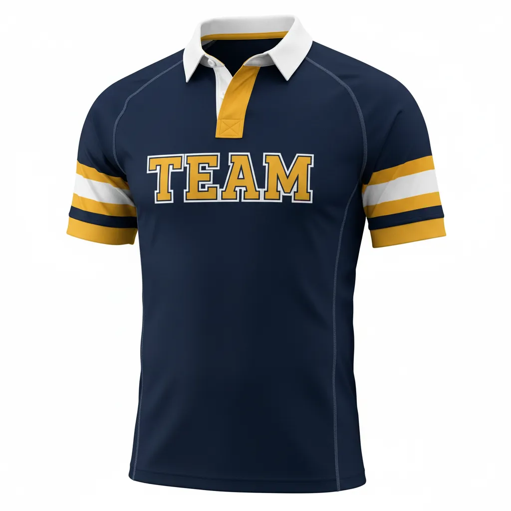 Custom Rugby Traditional Button Collar Jersey - Custom Design - Buttoncollarjersey Navyvegasgoldwhite - Front View - Kinexa Sportswear