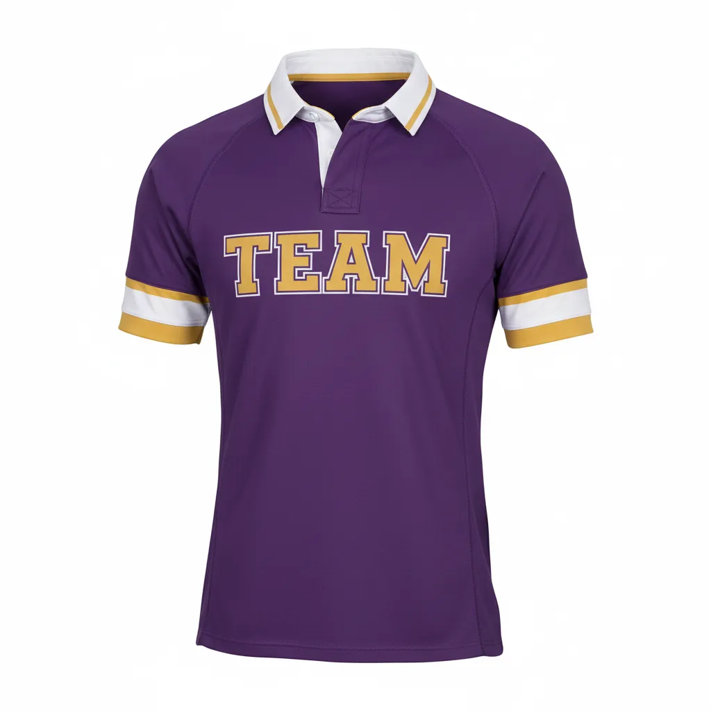 Custom Rugby Traditional Button Collar Jersey - Custom Design - Buttoncollarjersey Purplevegasgoldwhite - Front View - Kinexa Sportswear